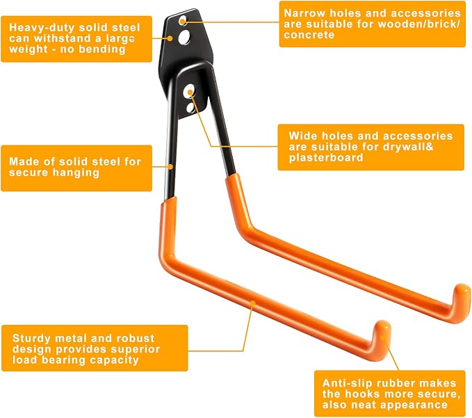 KURUI Heavy Duty Garage Hooks for Hanging, 2 Pack Metal Garage Organization - Image 4