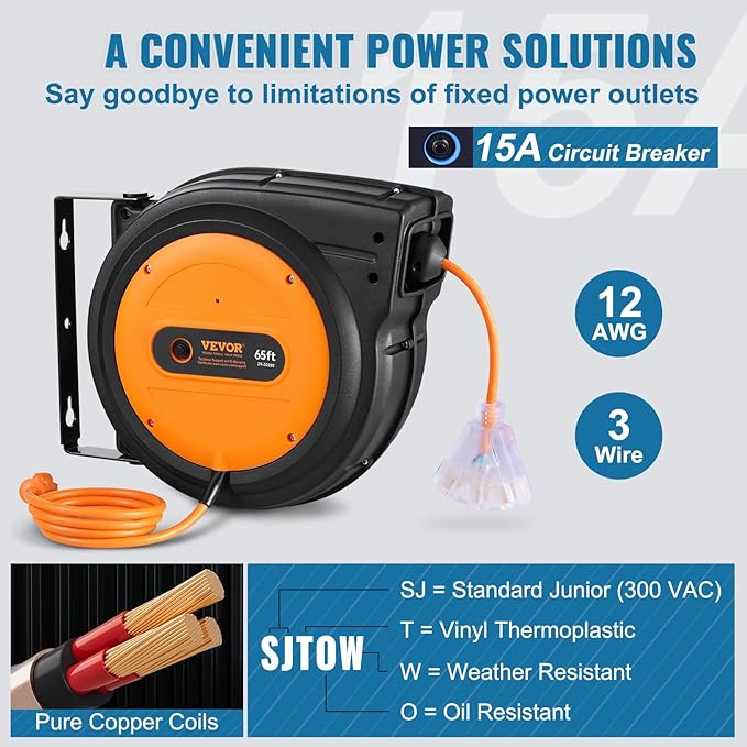 VEVOR Retractable Extension Cord Reel, 65 FT, Heavy Duty 12AWG/3C SJTOW Power - Image 3