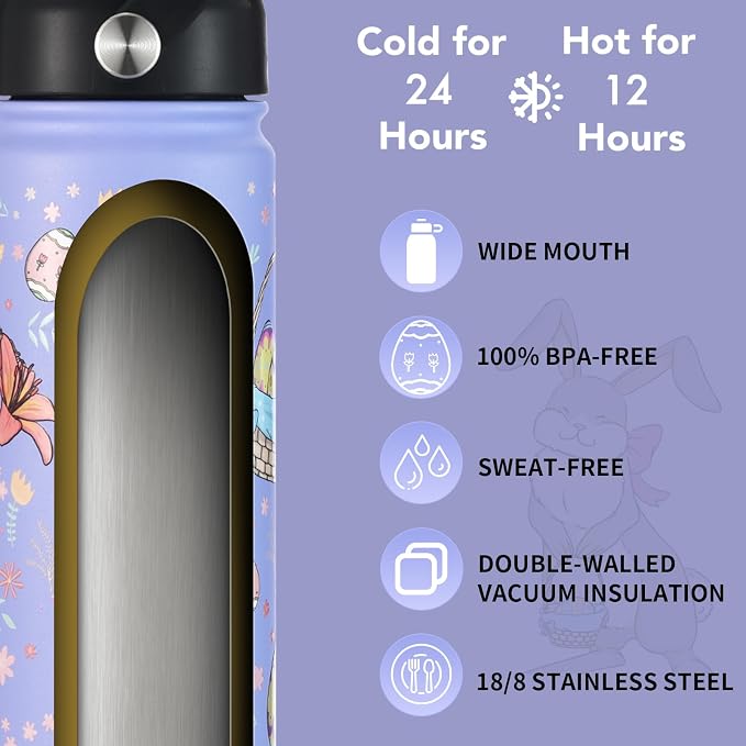 mininoo Water Bottle with Straw Lid, 24 oz Insulated Stainless Steel Double - Image 2