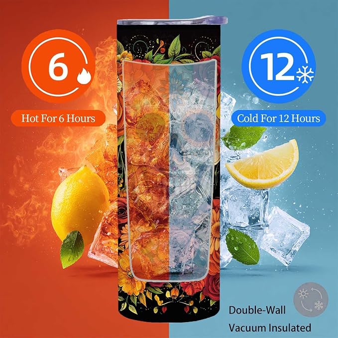 Firmiso 20 oz Tumbler｜Skinny Insulated Travel Mug｜Sugar Skull Floral Design - Image 5