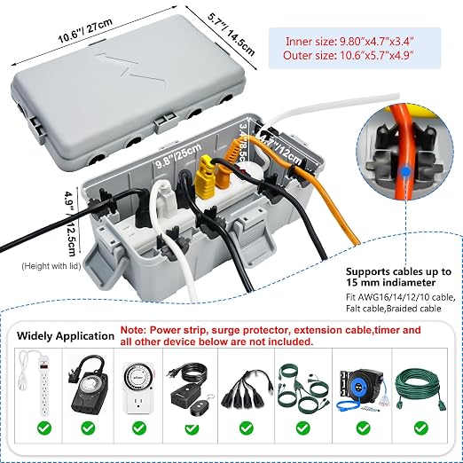 Hrensaw Medium Outdoor Electrical Box, IP54 Waterproof Extension Cord Cover w/6 - Image 2