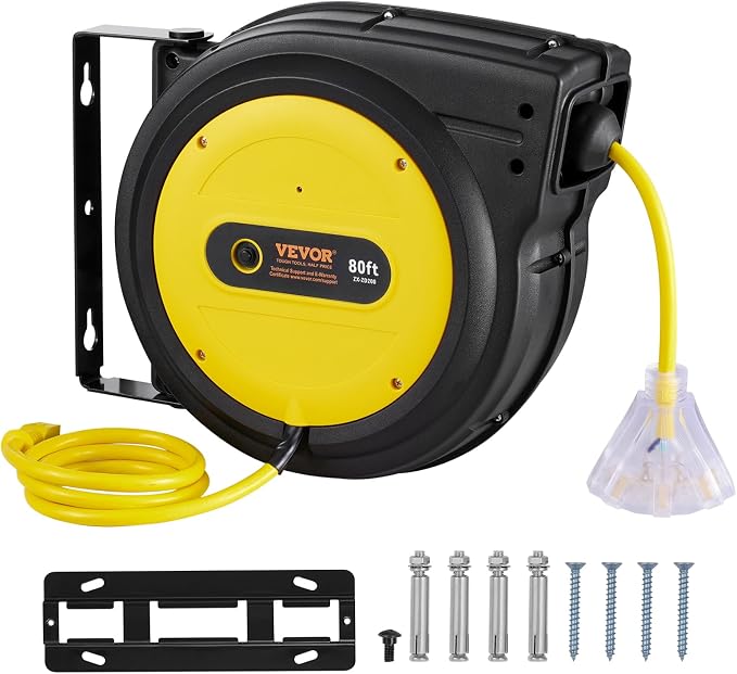 VEVOR 80FT Retractable Extension Cord Reel, 12AWG/3C SJTOW Heavy Duty Power - Image 9
