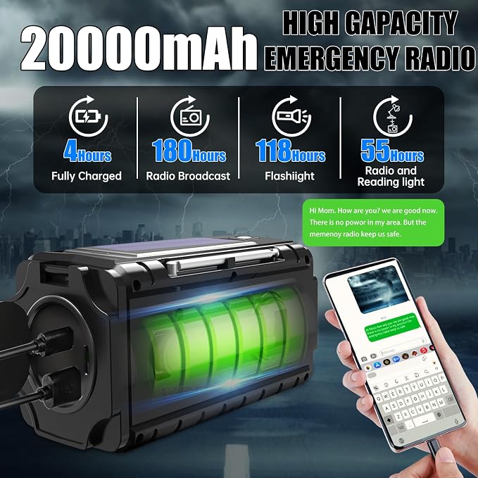 Emergency Radio Hand Crank Solar, AM/FM/SW NOAA Weather Radio Built-in 20000mah - Image 2