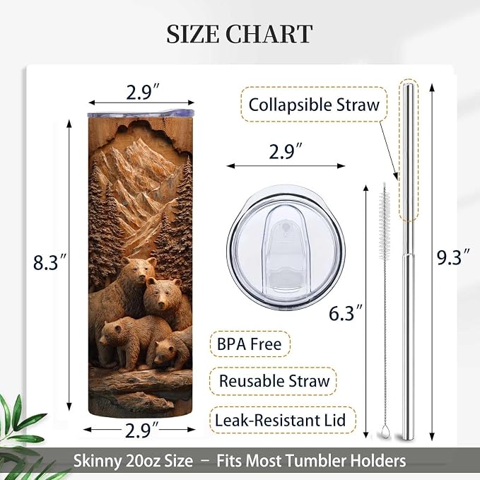 Firmiso 20 oz Tumbler｜Skinny Insulated Travel Mug｜Bear Family Mountain Forest - Image 6
