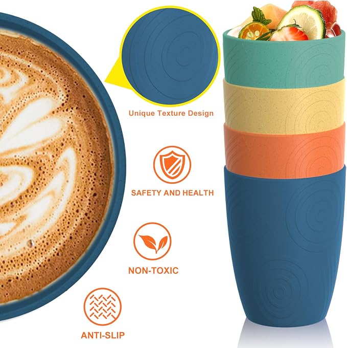 Homienly Plastic Cups Alternative Wheat Straw Drinking Glasses 4-Pack | 12 oz - Image 3