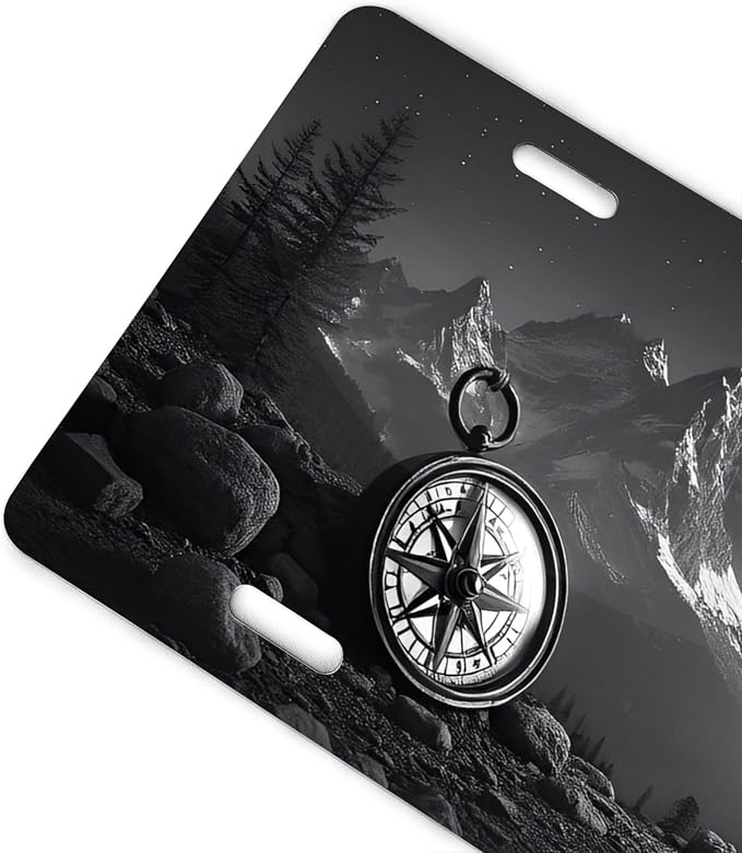 Mountain Compass License Plate Black White Adventure Design - Image 5