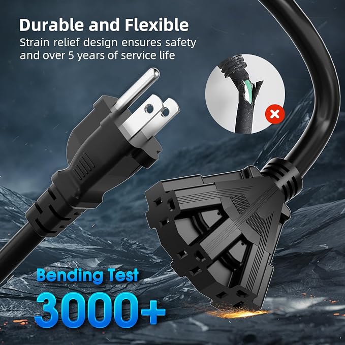 100 FT 3 Outlet Outdoor Extension Cord Waterproof, 16/3 SJTW Black Extension - Image 2