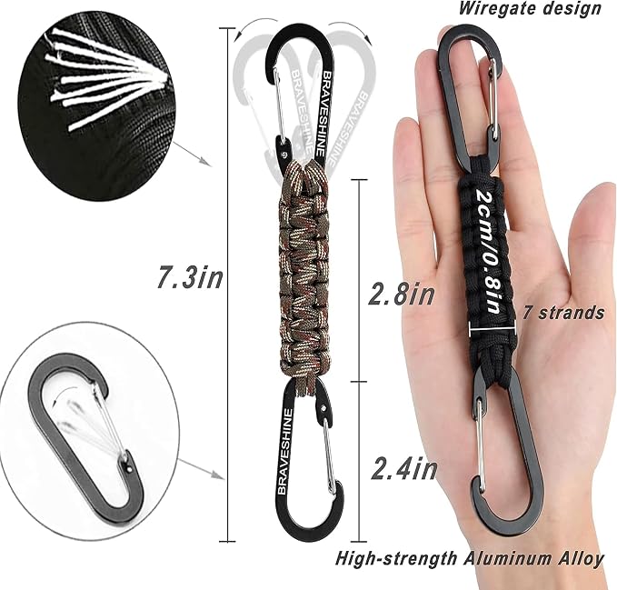 BRAVESHINE Paracord Keychain Carabiner Clip, D Ring Lanyard Hanger Stroller Hook - Image 2