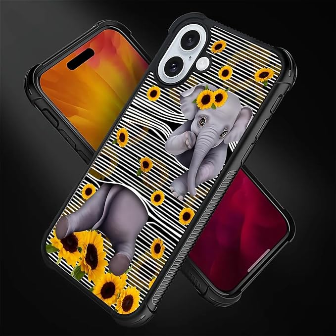 for iPhone 16 Case, Cute Little Elephant Sunflower White Line Art Pattern - Image 4