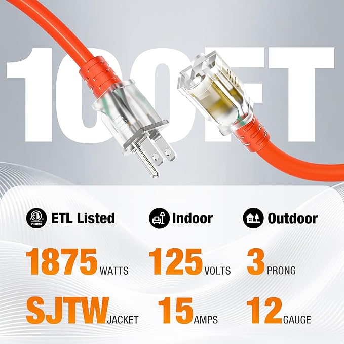 Outdoor Extension Cord 100 FT Waterproof, 12/3 Gauge Heavy Duty 3 Prong Power - Image 2
