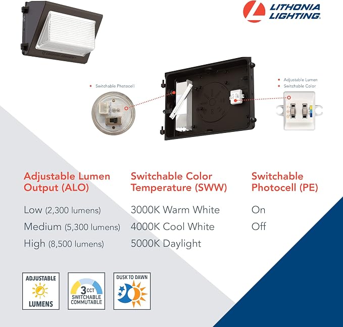 Lithonia Lighting 13" LED Wall Pack Outdoor Light Fixture, 3-Way Selectable CCT - Image 3