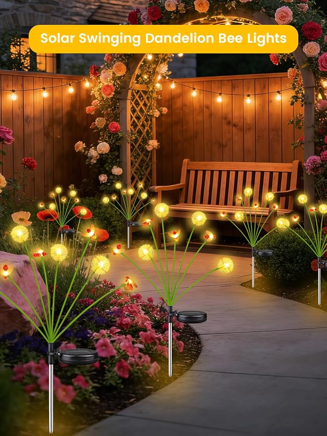 Solar Garden Lights Outdoor, 4 Pack 32 LED, Solar Swaying Dandelion Bee Lights - Image 6