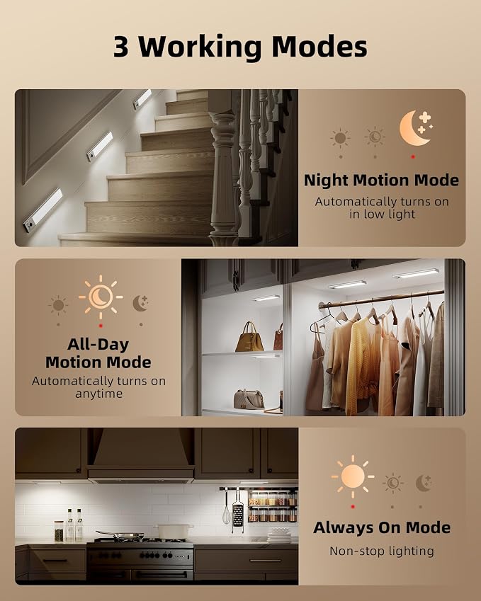 EZVALO 3-Pack Under Cabinet Lighting, 3300mAh Rechargeable Motion Sensor Light - Image 8