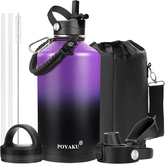 Water Bottle Insulated 32oz 40oz 64oz 128oz Straw Lid Spout Lid & 3 Lids by POYAKU