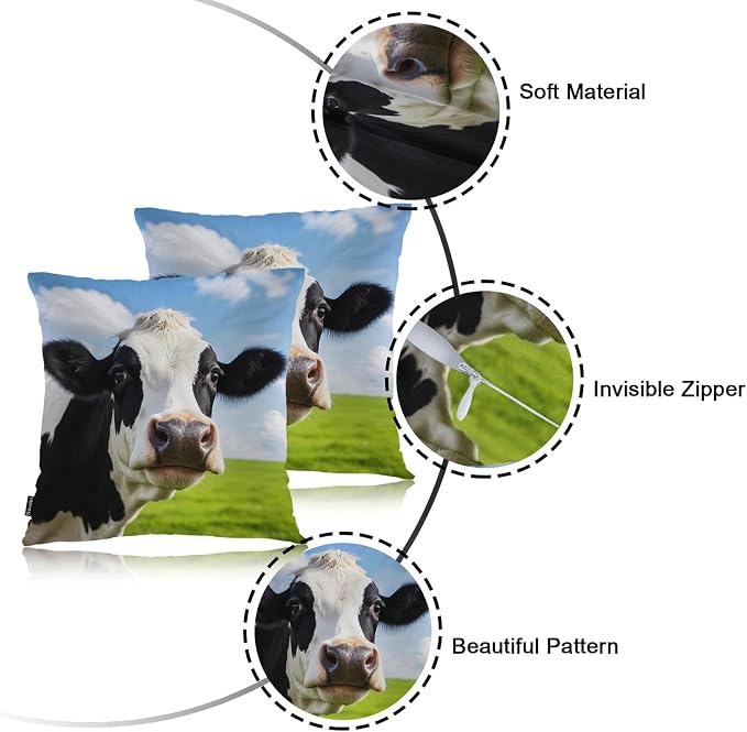 Swono Cow Bed Pillow Covers, Funny Farm Cattle Cow On Grass Meadow Decorative - Image 7