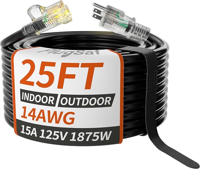 PlugSaf 14/3 Gauge Black Outdoor Extension Cord 25 ft Waterproof by PlugSaf