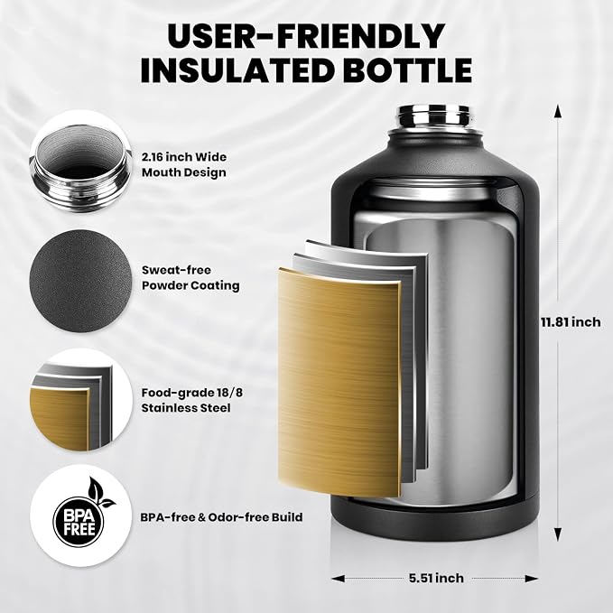 RAYMYLO One Gallon Water Bottle Insulated, Triple Walled Vacuum Stainless Steel - Image 5