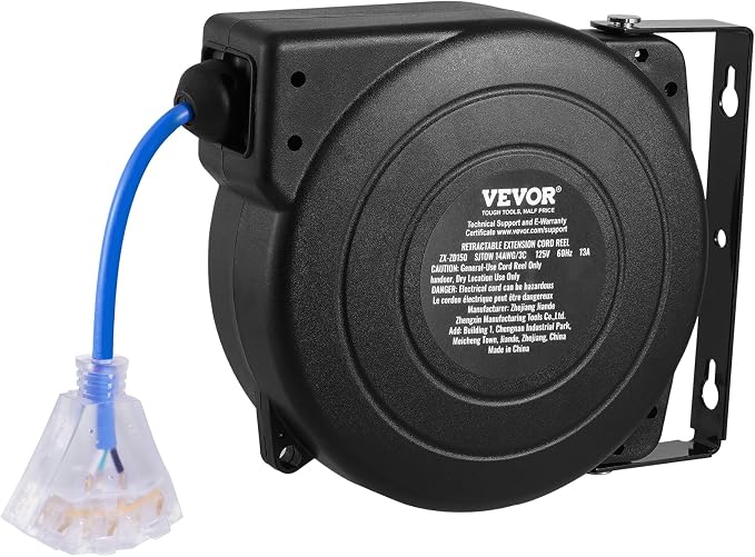 VEVOR Retractable Extension Cord Reel, 50 FT, Heavy Duty 14AWG/3C SJTOW - Image 10