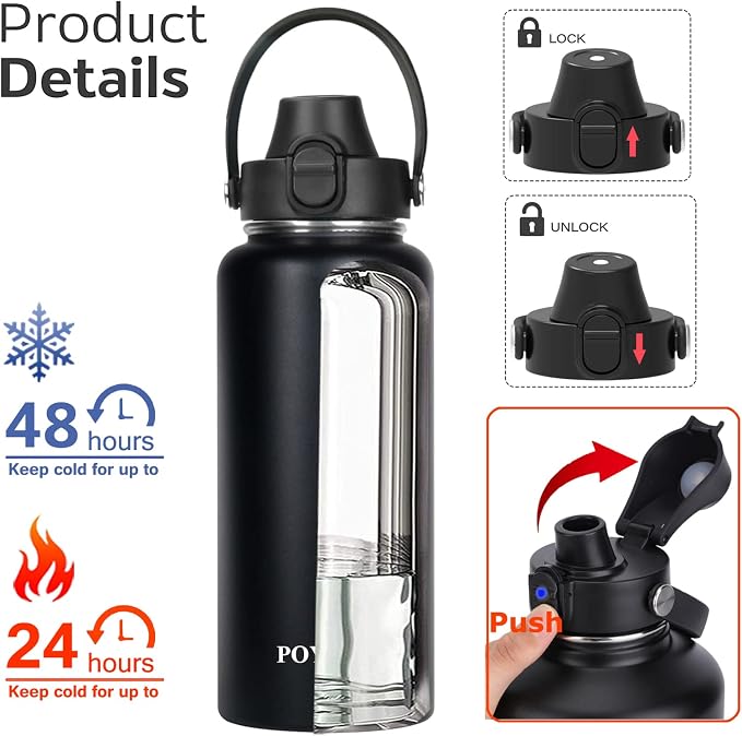 Water Bottle Insulated 32oz 40oz 64oz 128oz Straw Lid Spout Lid & 3 Lids - Image 3