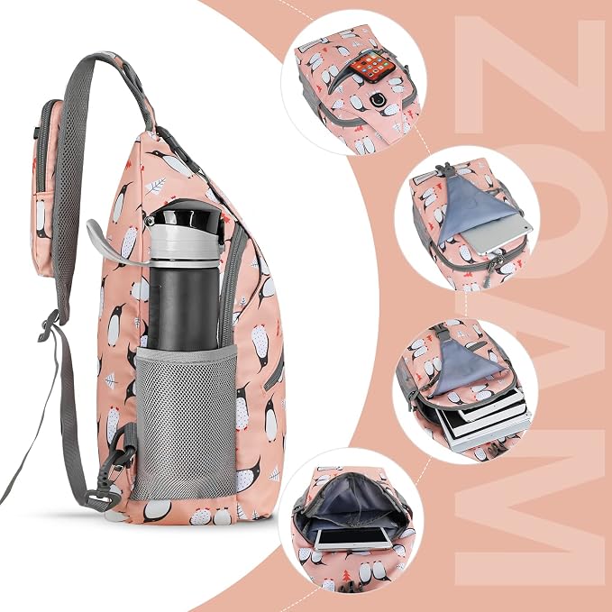 ZOMAKE Sling Bag, Penguin Pink, 5 Separate Compartments, Anti-Theft, Adjustable - Image 3