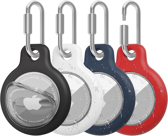 AirTag Holder with 304 Carabiner, 4 Pack IPX8 Waterproof Shockproof PC Hard Case by HOME