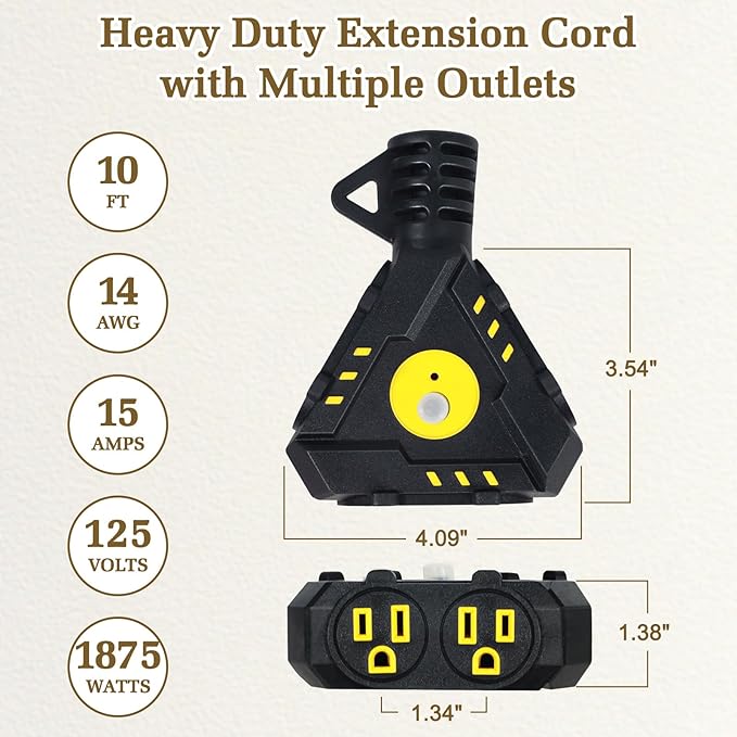 10FT 14 Gauge Outdoor Extension Cord 6-Outlet 14/3 SJTW Heavy Duty Extension - Image 2