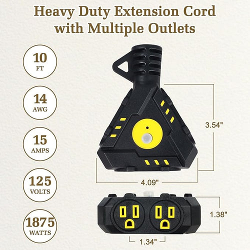 10FT 14 Gauge Outdoor Extension Cord 6-Outlet 14/3 SJTW Heavy Duty Extension - Image 2