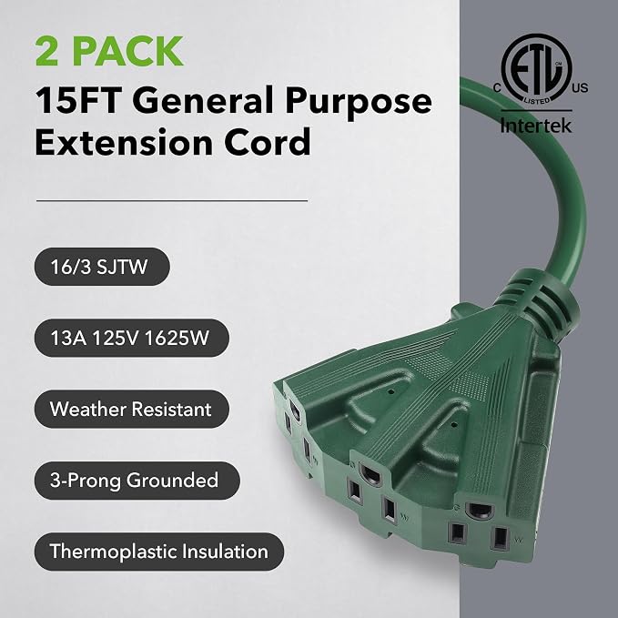 BN-LINK 2-Pack 15Ft Outdoor Extension Cord - Image 2