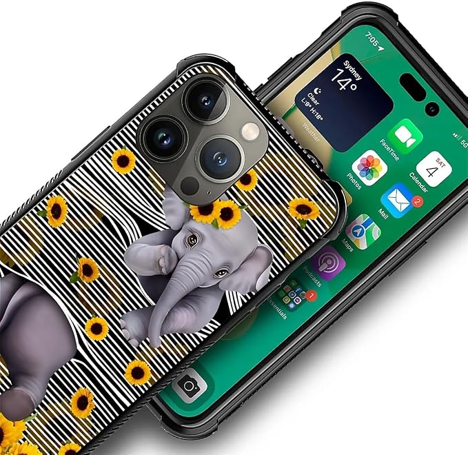 for iPhone 13 Pro Case, Cute Little Elephant Sunflower White Line Art Pattern - Image 7