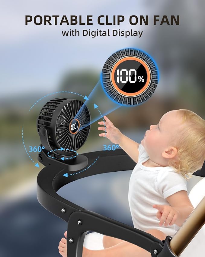TUNISE Mini Clip on Fan, Battery Operated Desk Fan, Digital display，3 Speeds - Image 2