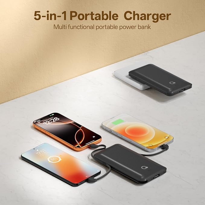 Brand Q Portable Charger with Built-in Cables and AC Wall Plug, Slim USB C - Image 2