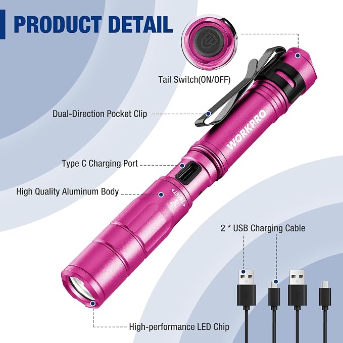 WORKPRO Rechargeable Pen Light, Mini Flashlight, 2 Pack Ultra-Compact EDC - Image 7