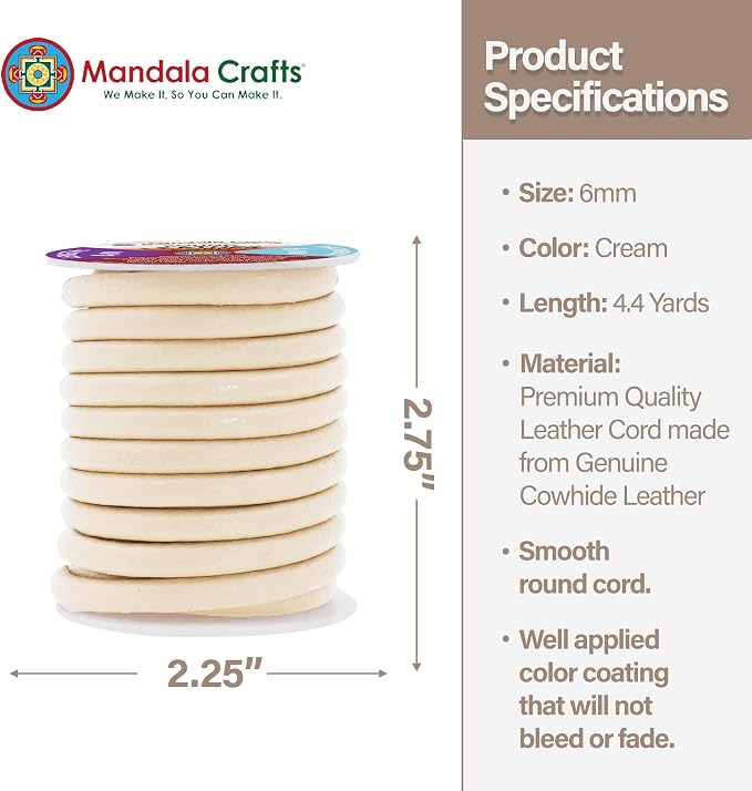 Mandala Crafts Round Genuine Cream Leather Cord - Image 4