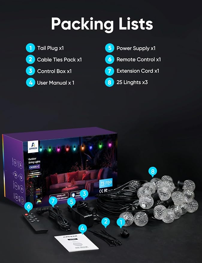 APPECK Outdoor String Lights 150ft, RGBW Color Changing Patio Lights - Image 9