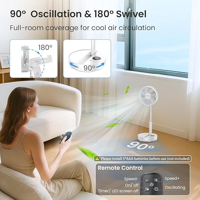 TriPole Portable Standing Fan, 8000mAh Rechargeable Oscillating Fan - Image 5