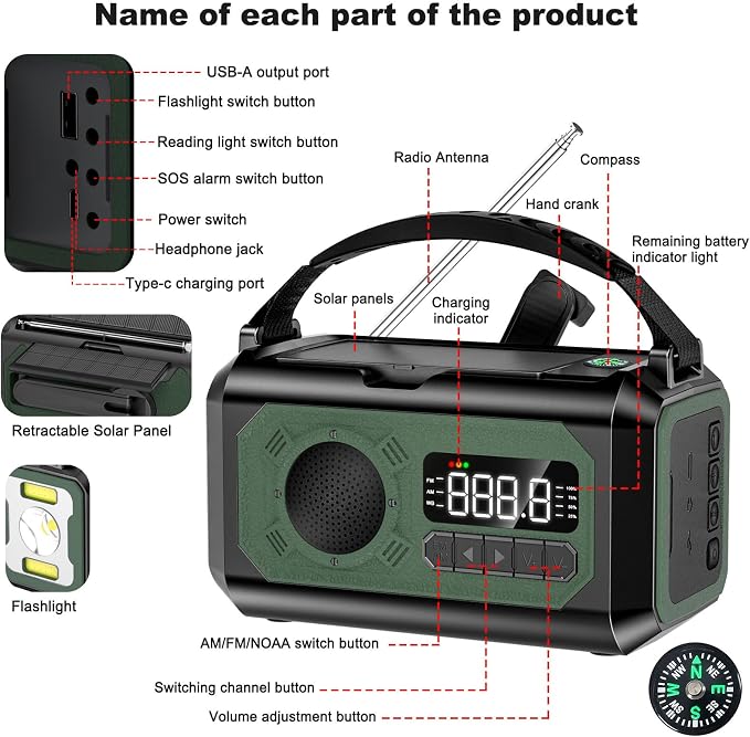 44400mWh/12000mAh Emergency Radio, Hand Crank Portable Solar Radio AM/FM/NOAA - Image 7