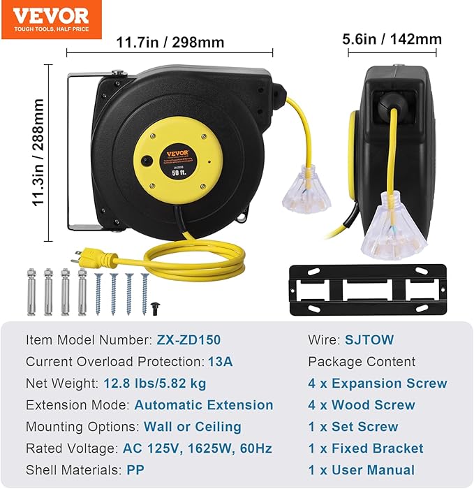 VEVOR Retractable Extension Cord Reel, 50 FT, Heavy Duty 14AWG/3C SJTOW - Image 7
