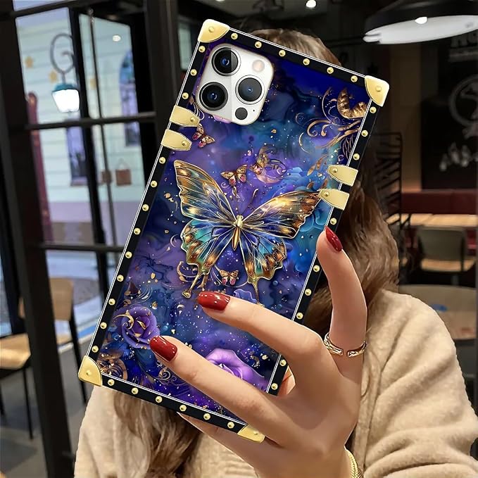 Compatible with iPhone 12 Case, Glistening Golden Butterfly Vibrant Purple Blue - Image 6