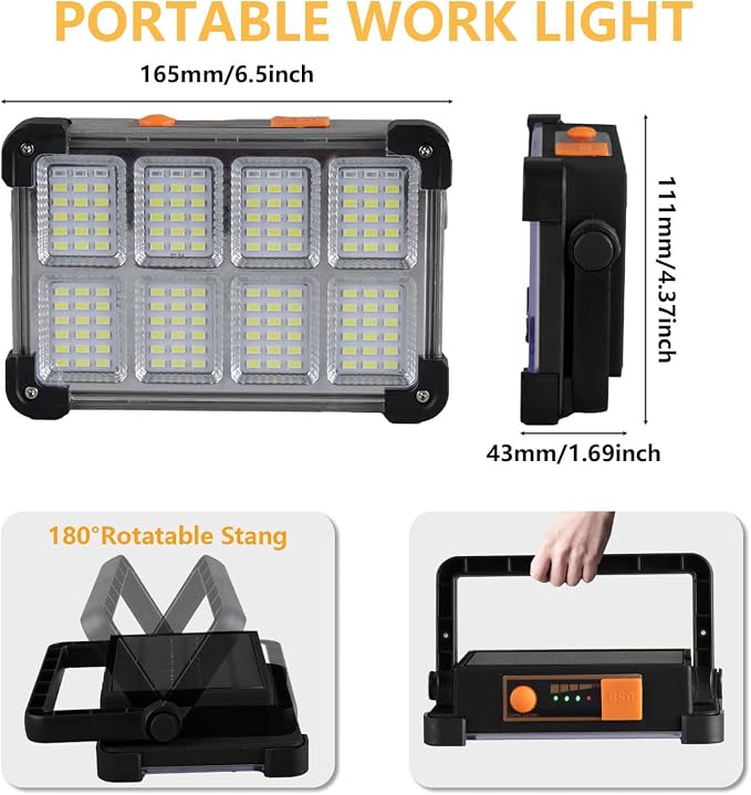 120W Solar Rechargeable Work Light, 144 LED Portable Flood Light - Image 4