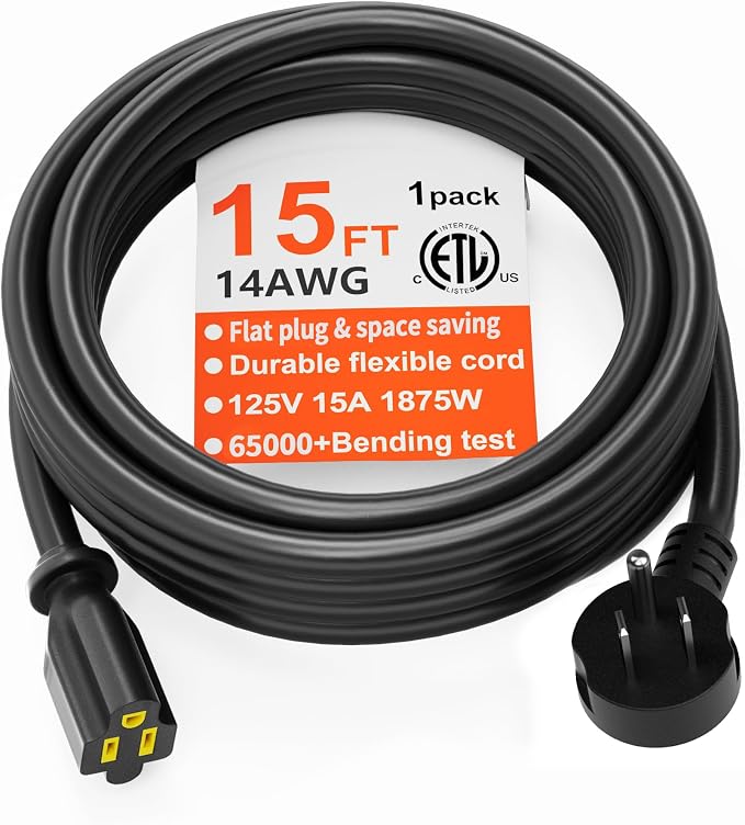 HUANCHAIN 14 Gauge 15 FT Flat Plug Extension Cord Black Indoor Outdoor by huanchain