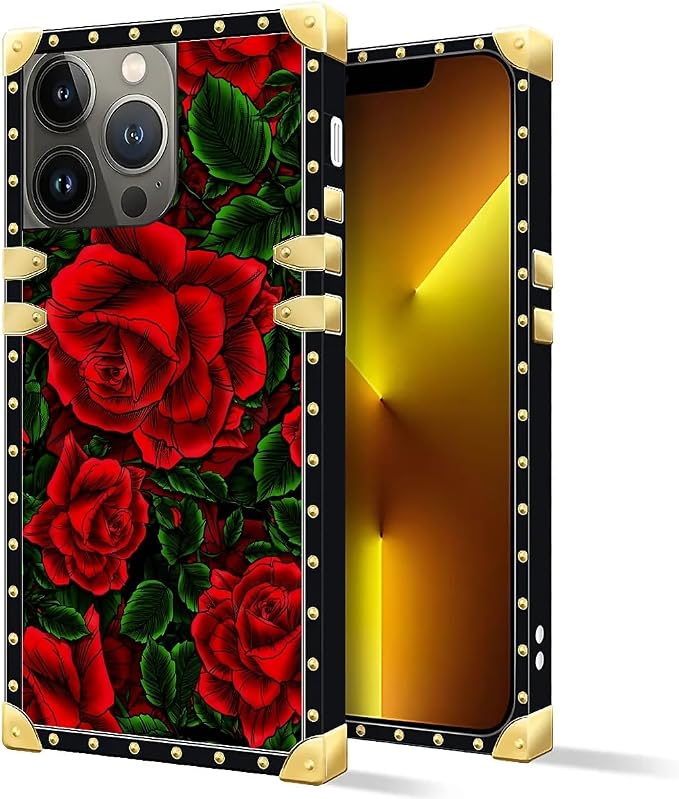 Compatible with iPhone 13 Pro Case, Vector Red Rose Green Leaf Luxury Golden - Image 2