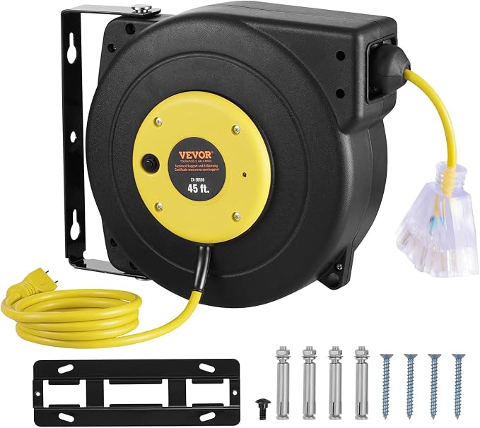 VEVOR Retractable Extension Cord Reel, 45 FT, Heavy Duty 12AWG/3C SJTOW - Image 9