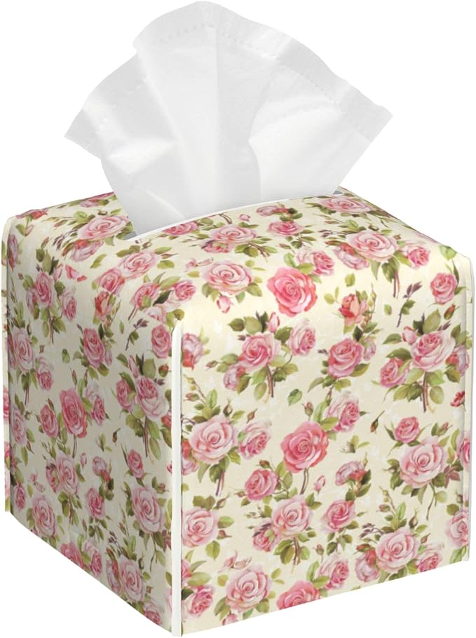 Tissue Box Cover Square, Watercolor Pink Roses Tissue Box Holder Waterproof by Unknown