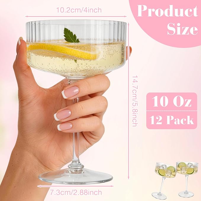 PLULON 12 Pcs Clear Martini Glasses Set 10 Oz Plastic Ribbed Coupe Glass - Image 3