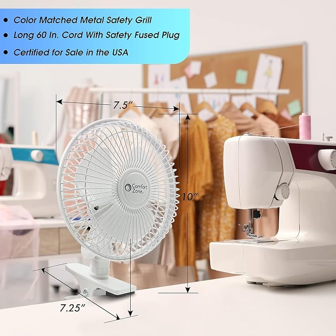 Comfort Zone 6-Inch Corded Clip-On Personal Fan – 2-Speed Quiet Desk Fan - Image 4