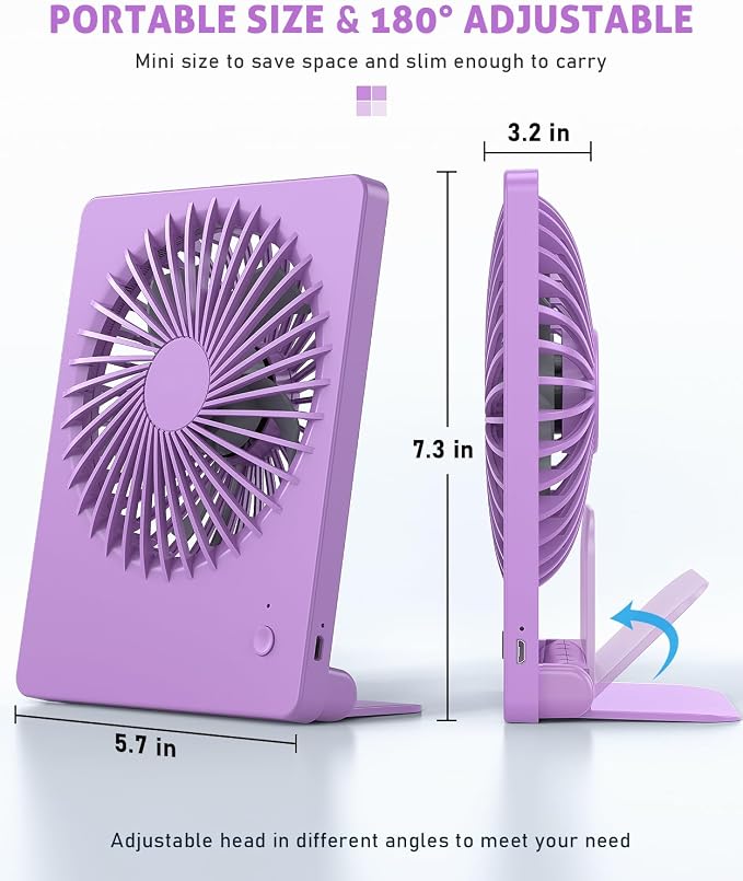 Zuvas Desk Fan Battery Operated Fan Rechargeable 180°Tilt Folding Personal Fan - Image 5