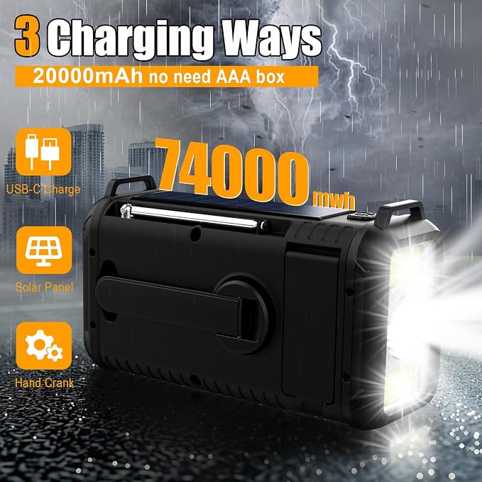 NOAA Weather Radio 20000mAh Battery Powered｜Solar Hand Crank Emergency Radio - Image 5