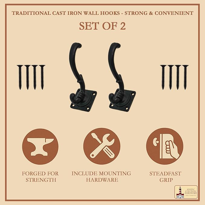 Mystic Colonial Medieval Wall Hooks Hand-Forged Black Coated | Rustic - Image 8