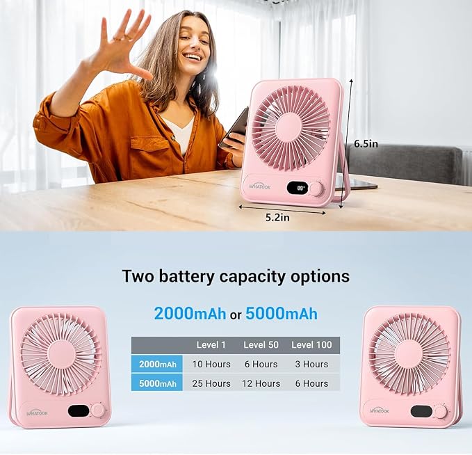 WHATOOK Small Desk Fan Personal Fans: 5000mah 25 Hours Battery Office Quiet - Image 6