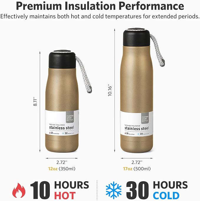 12 oz Insulated Water Bottle, Dusgut Wide Mouth Water Bottle, Stainless Steel - Image 3